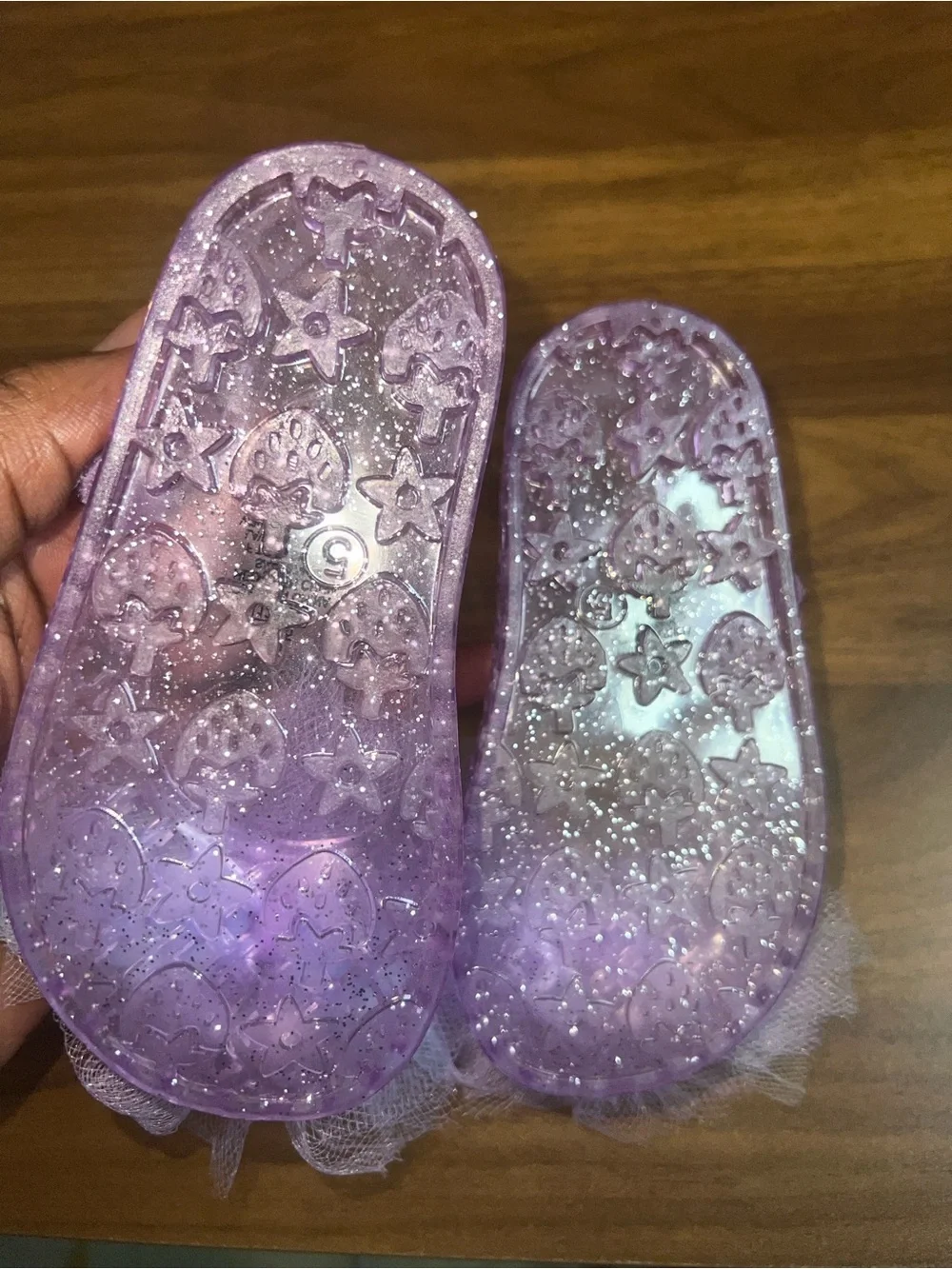 Old Navy Purple Glitter Jelly Flats with Tulle Pom Poms